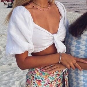 ZARA White Linen Blend Puff Sleeve Tie Front Crop Top Size XS
